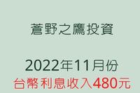 被动收入:2022年11月份台币利息收入480元