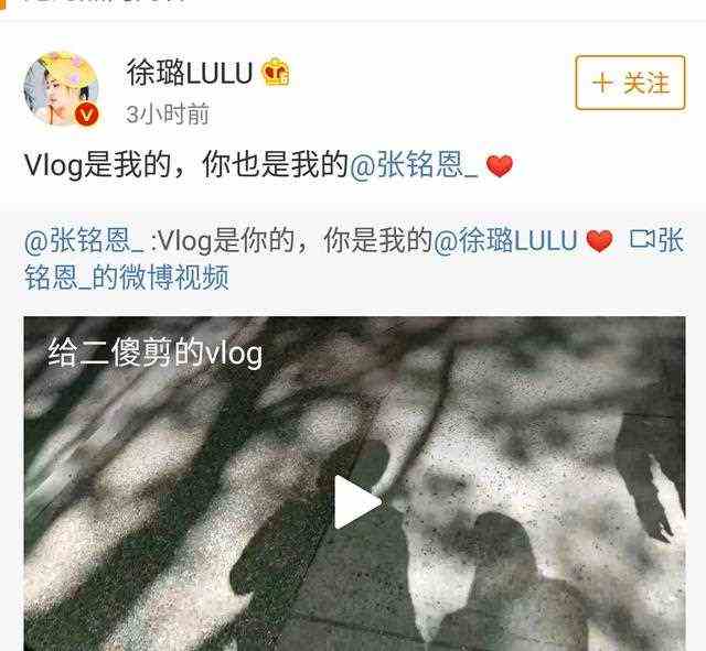 张铭恩徐璐公开爱情称：“VIog是你的，你是我的”